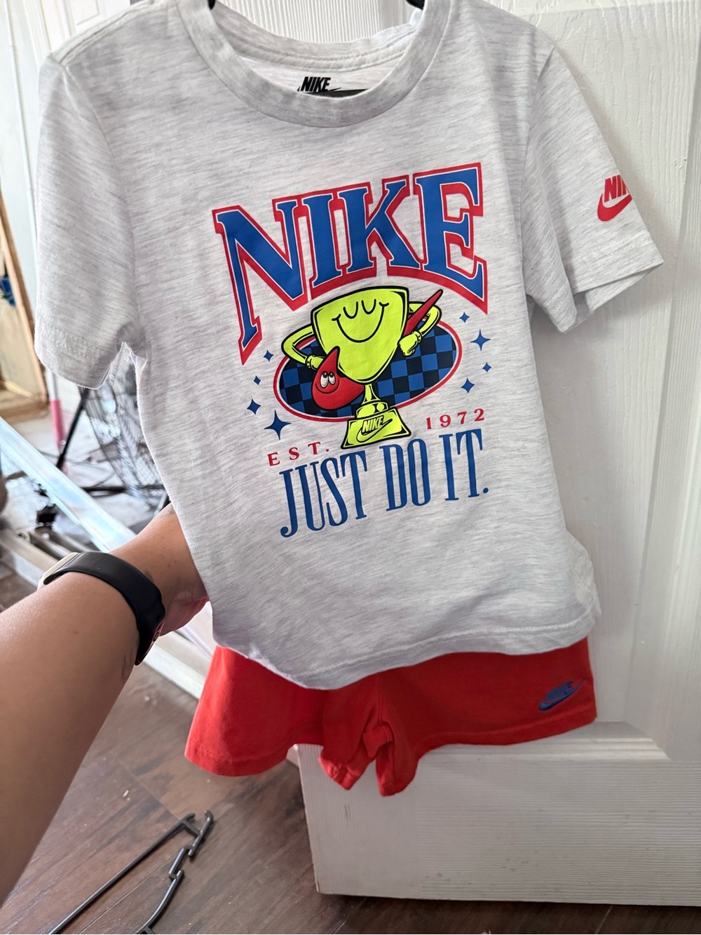 Nike Gray Tee with Neon Yellow Trophy Graphic and Red Accents